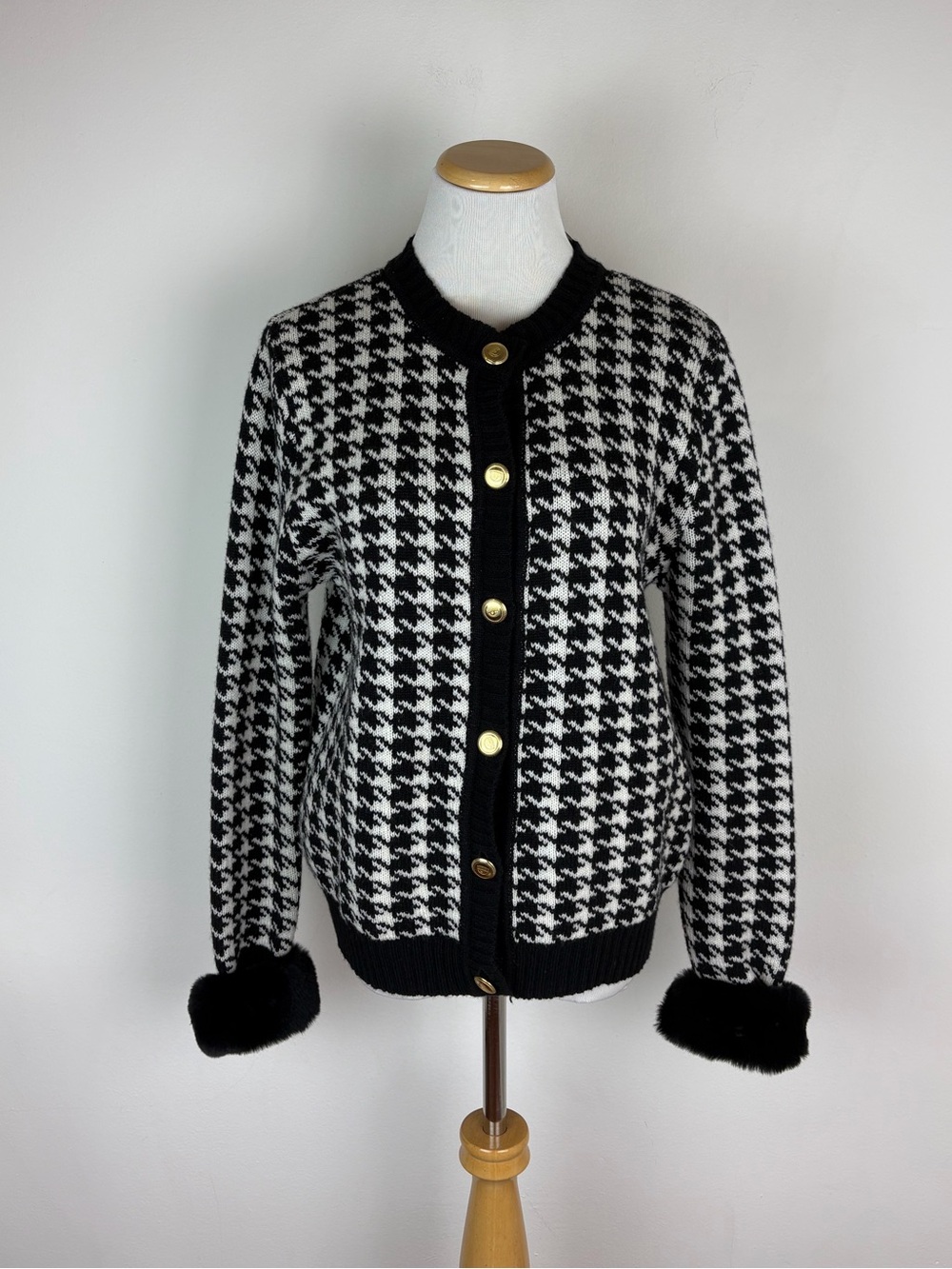 Chiara Ferragni Fur Trim Herringbone Merino Wool Cardigan Sweater Size M